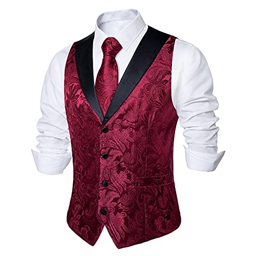 DiBanGu Mens Paisley Suit Vest Silk Jacquard Waistcoat and Necktie Set Formal Shawl Collar Dress Vest 7PCS for Wedding Party, Burgundy, Large