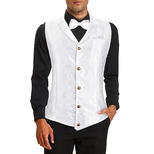 American Trends Men's Suit Vest Victorian Suit Steampunk Waistcoat Gothic Tuxedo Suit Vests V-Neck Business Dress Formal Vest Wedding Party White L
