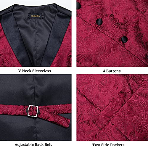 DiBanGu Mens Paisley Suit Vest Silk Jacquard Waistcoat and Necktie Set Formal Shawl Collar Dress Vest 7PCS for Wedding Party, Burgundy, Large