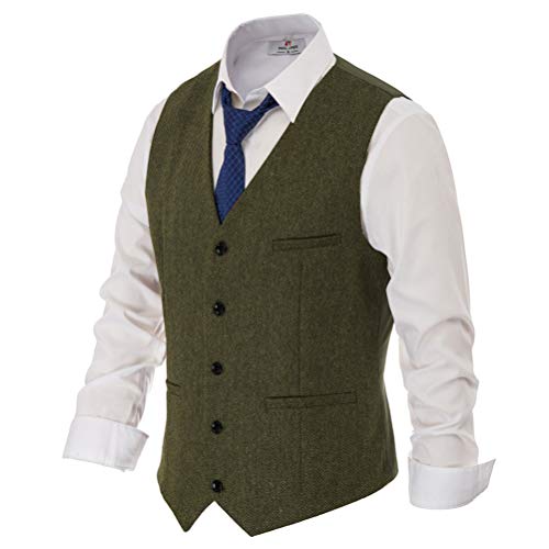PJ PAUL JONES Mens Western Wool Tweed Suit Vest Herringbone Slim Fit Formal Vests Army Green L