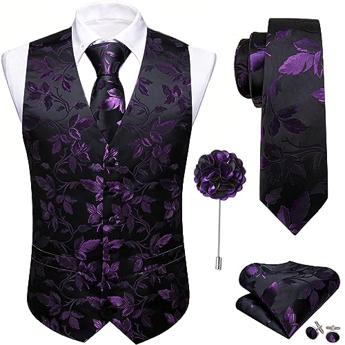 Barry.Wang Purple Black Flower Vest Waistcoat Formal Dress Tuxedo Classic Tie Handkerchief Cufflink Paisley
