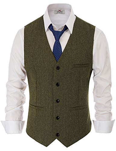 PJ PAUL JONES Mens Western Wool Tweed Suit Vest Herringbone Slim Fit Formal Vests Army Green L