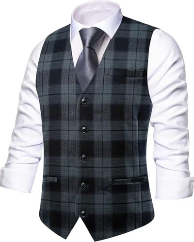 Hi-Tie Men's Suit Vest Sleeveless V-neck Single Breasted Formal Business Wedding for Tuxedo Dress Waistcoat,Black Gray,Large