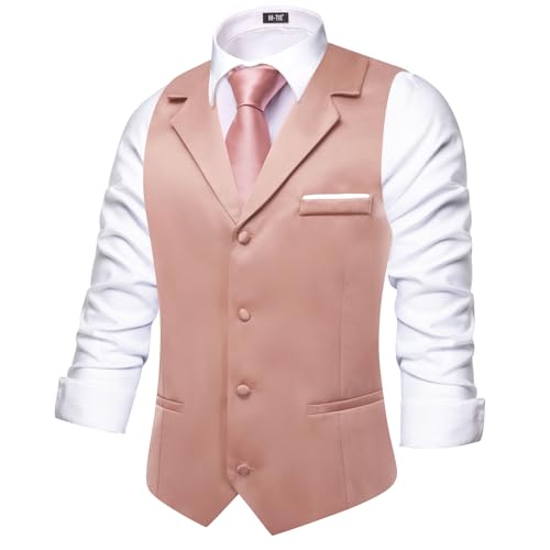 Hi-Tie Men's Solid Formal Vest Business Vest for Men Wedding Mens Notch Lapel Dress Tuxedo Waistcoat Party,Coral Pink,XX-Large