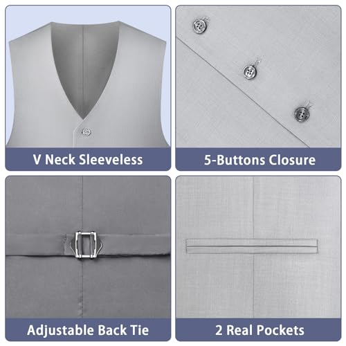 Cooper & Nelson Men's Suit Vest, Formal Dress Waistcoat with 2 Pockets for Slim Fit Business Tuxedo Light Grey M