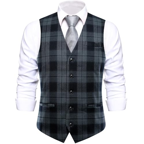 Hi-Tie Men's Suit Vest Sleeveless V-neck Single Breasted Formal Business Wedding for Tuxedo Dress Waistcoat,Black Gray,Large