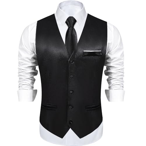 DiBanGu Mens Satin Suit Vest and Tie Set 8PCS Solid Waistcoat and Bowtie with Lapel Pin for Tuxedo Dress Vest Wedding Formal, Black, 3X-Large