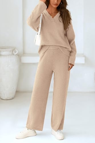 PRETTYGARDEN Women's 2 Piece Pullover Sweater Set Oversized V Neck Top Wide Leg Pants Fall Winter Fuzzy Lounge Outfit (Khaki,Small)