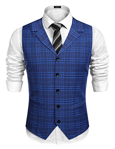 COOFANDY Men's Vests Formal Slim Fit Casual Suit Vest Single Breasted Lapel Formal Business Dress Vest for Wedding, Blue, L