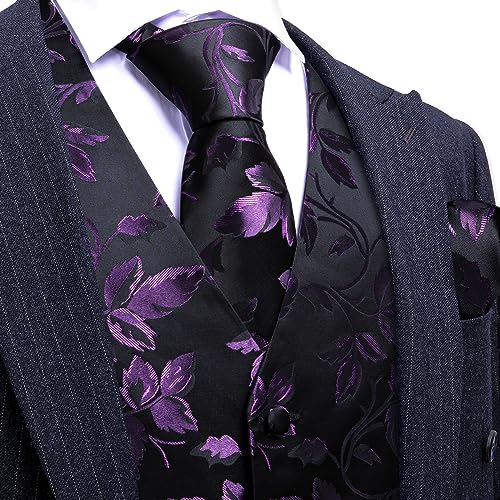 Barry.Wang Purple Black Flower Vest Waistcoat Formal Dress Tuxedo Classic Tie Handkerchief Cufflink Paisley