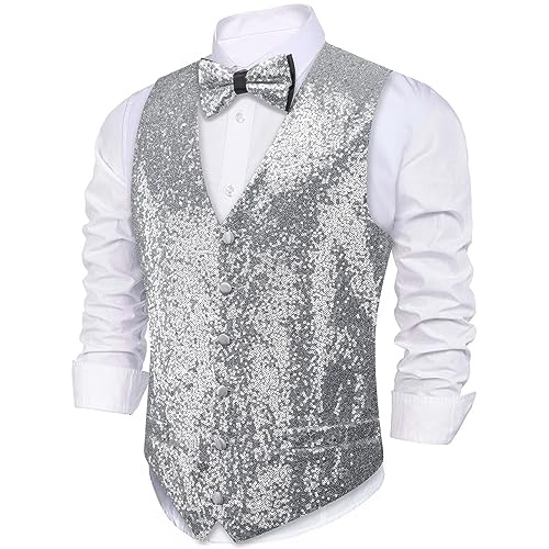 Barry.Wang Mens Silver Sequins Vest Formal/Leisure V-neck Shiny Waistcoat Bowtie Set Prom Party Tuxedo