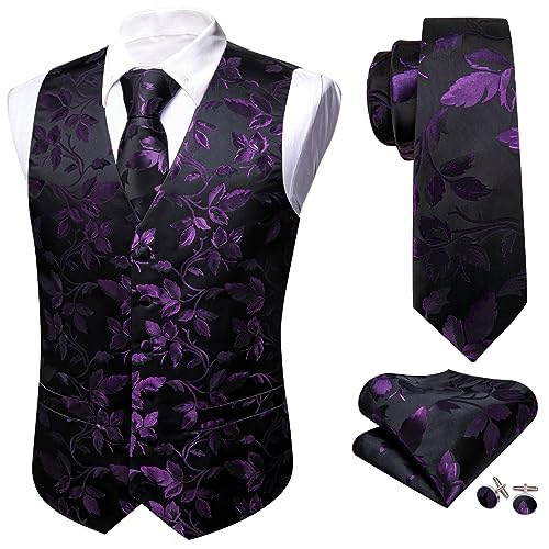 Barry.Wang Purple Black Flower Vest Waistcoat Formal Dress Tuxedo Classic Tie Handkerchief Cufflink Paisley