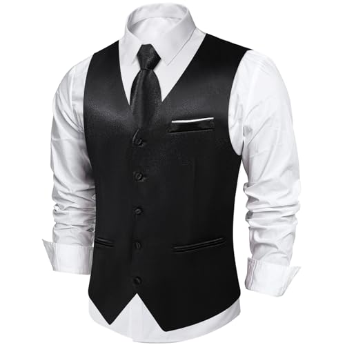DiBanGu Mens Satin Suit Vest and Tie Set 8PCS Solid Waistcoat and Bowtie with Lapel Pin for Tuxedo Dress Vest Wedding Formal, Black, 3X-Large