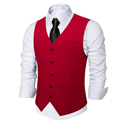 DiBanGu Solid Red Men's Suit Vest Single-Breasted V-Neck Dress Waistcoat for Formal Prom or Tuxedo