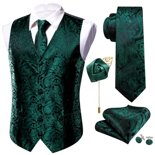 Barry.Wang Men's V-Neck Suit Vest Solid Paisley Waistcoat Silk Tie Hanky Cufflink Clip Set Wedding Party Business Formal