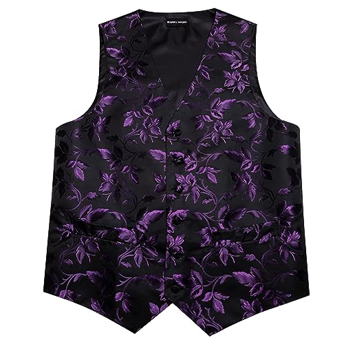 Barry.Wang Purple Black Flower Vest Waistcoat Formal Dress Tuxedo Classic Tie Handkerchief Cufflink Paisley