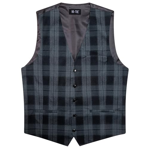 Hi-Tie Men's Suit Vest Sleeveless V-neck Single Breasted Formal Business Wedding for Tuxedo Dress Waistcoat,Black Gray,Large