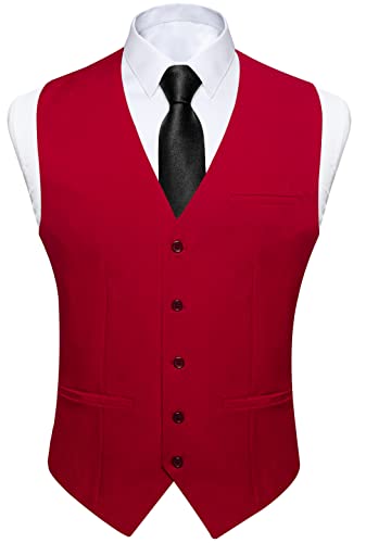 DiBanGu Solid Red Men's Suit Vest Single-Breasted V-Neck Dress Waistcoat for Formal Prom or Tuxedo
