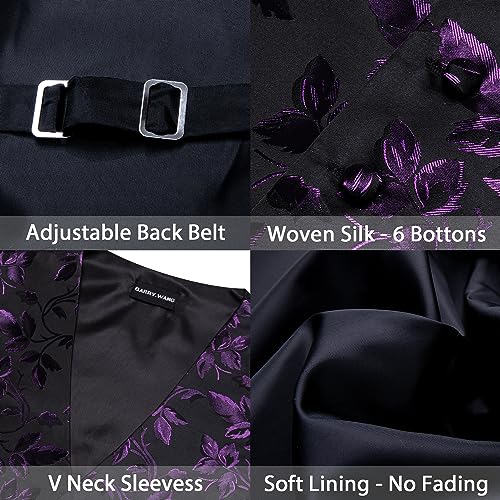 Barry.Wang Purple Black Flower Vest Waistcoat Formal Dress Tuxedo Classic Tie Handkerchief Cufflink Paisley