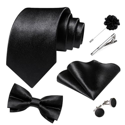 DiBanGu Mens Satin Suit Vest and Tie Set 8PCS Solid Waistcoat and Bowtie with Lapel Pin for Tuxedo Dress Vest Wedding Formal, Black, 3X-Large