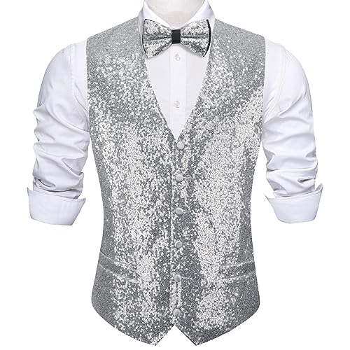 Barry.Wang Mens Silver Sequins Vest Formal/Leisure V-neck Shiny Waistcoat Bowtie Set Prom Party Tuxedo