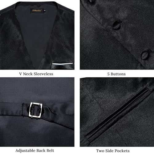 DiBanGu Mens Satin Suit Vest and Tie Set 8PCS Solid Waistcoat and Bowtie with Lapel Pin for Tuxedo Dress Vest Wedding Formal, Black, 3X-Large