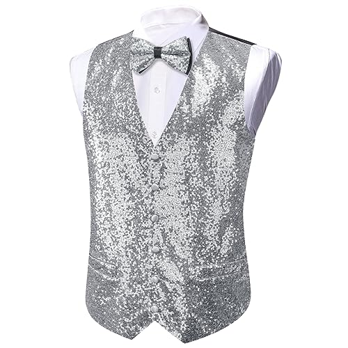 Barry.Wang Mens Silver Sequins Vest Formal/Leisure V-neck Shiny Waistcoat Bowtie Set Prom Party Tuxedo