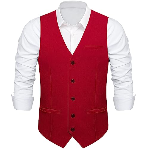 DiBanGu Solid Red Men's Suit Vest Single-Breasted V-Neck Dress Waistcoat for Formal Prom or Tuxedo