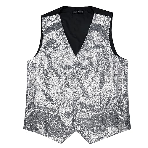 Barry.Wang Mens Silver Sequins Vest Formal/Leisure V-neck Shiny Waistcoat Bowtie Set Prom Party Tuxedo