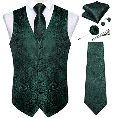 DiBanGu Mens Paisley Vest Tie Set with Lapel Pin Tie Clip 7PCS Silk V-Neck Suit Waistcoat and Necktie for Tuxedo Wedding, Emerald Green, X-Large