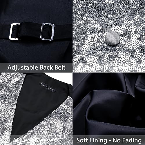 Barry.Wang Mens Silver Sequins Vest Formal/Leisure V-neck Shiny Waistcoat Bowtie Set Prom Party Tuxedo