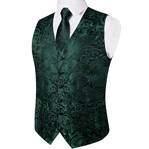 DiBanGu Mens Paisley Vest Tie Set with Lapel Pin Tie Clip 7PCS Silk V-Neck Suit Waistcoat and Necktie for Tuxedo Wedding, Emerald Green, X-Large