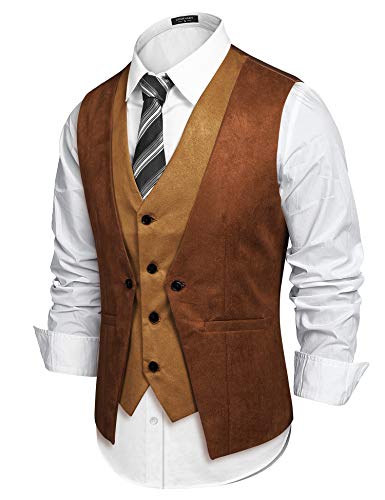 COOFANDY Men's Suede Leather Vest Layered Style Dress Vest Waistcoat, Brown, Large