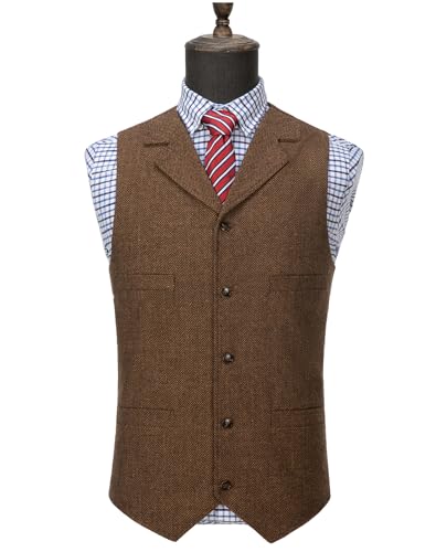 Mens Classic Wool Tweed Suit Vest Casual Sleeveless Jacket Herringbone Waistcoat for Tuxedos(Black,XX-Large)