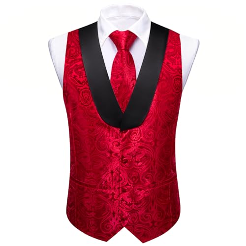 Barry.Wang Mens Paisley Red Vest Shawl Collar Flower Silk Suit Waistcoat Tie Set Wedding Tuxedo