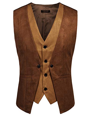 COOFANDY Men's Suede Leather Vest Layered Style Dress Vest Waistcoat, Brown, Large