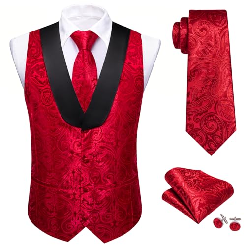 Barry.Wang Mens Paisley Red Vest Shawl Collar Flower Silk Suit Waistcoat Tie Set Wedding Tuxedo
