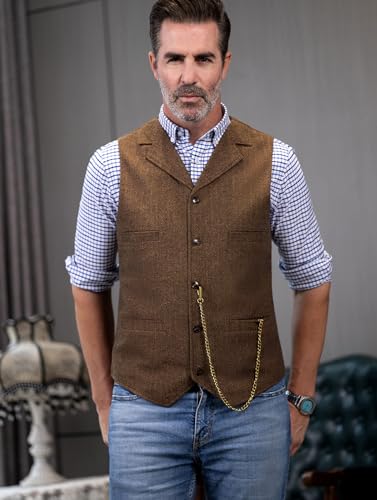 Mens Classic Wool Tweed Suit Vest Casual Sleeveless Jacket Herringbone Waistcoat for Tuxedos(Black,XX-Large)