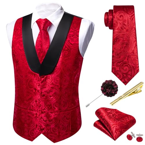 Barry.Wang Mens Paisley Red Vest Shawl Collar Flower Silk Suit Waistcoat Tie Set Wedding Tuxedo