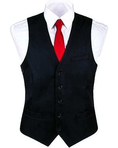 boxed-gifts UMO Lorenzo Men Formal Suit Vest, Polly Twill Vest with Adjustable Waistband. Black, Medium
