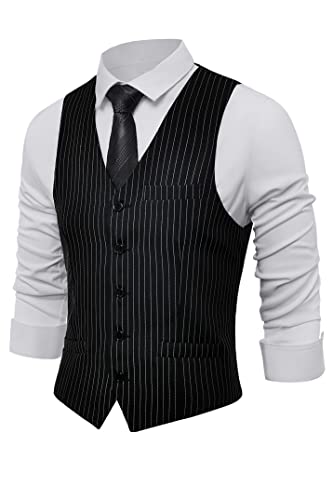 BABEYOND Mens Vintage Suit Vest Business Slim Fit Suit Vest Formal Classic Vest (Black Stripe, L)