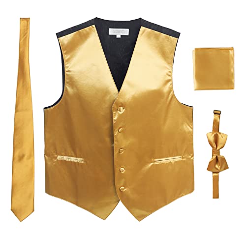 Gioberti Men's Formal 4pc Satin Vest Necktie Bowtie and Pocket Square, Gold, Medium
