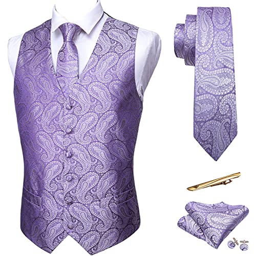 Barry.Wang Formal Men Dress Vest Matched Paisley Tie Set Suit Waistcoat Wedding 5PCS Light Purple