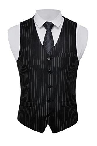 BABEYOND Mens Vintage Suit Vest Business Slim Fit Suit Vest Formal Classic Vest (Black Stripe, L)