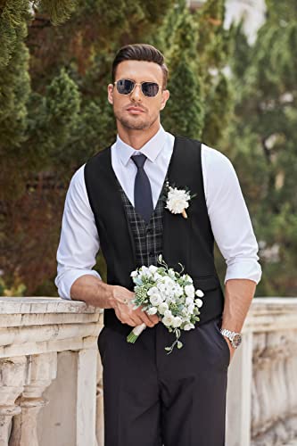 COOFANDY Men's Business Suit Vest Layered Plaid Dress Vest Waistcoat for Wedding,Party Black
