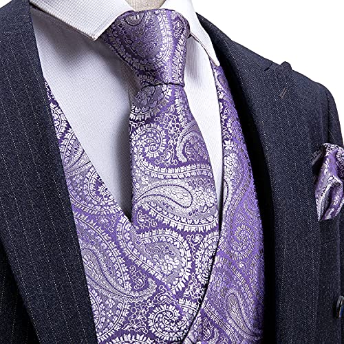 Barry.Wang Formal Men Dress Vest Matched Paisley Tie Set Suit Waistcoat Wedding 5PCS Light Purple
