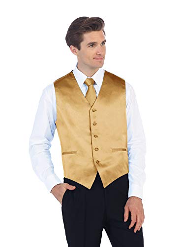 Gioberti Men's Formal 4pc Satin Vest Necktie Bowtie and Pocket Square, Gold, Medium