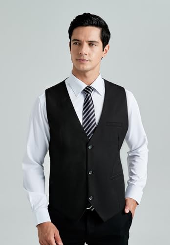HISDERN Black Vests for Men Business Formal Dress Suit Waistcoat Vest 3 Pockets for Suit Tuxedo Grooms Wedding Party Slim Fit Corbata Negra