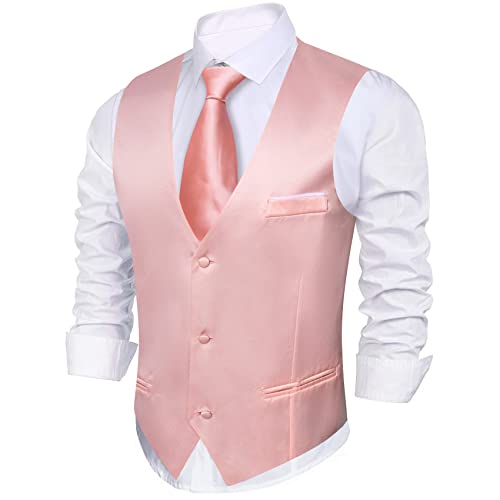 Barry.Wang Mens Pink Satin Suit Vest Formal/Leisure V-neck 2 Pockets Wedding Party Tuxedo Waistcoat