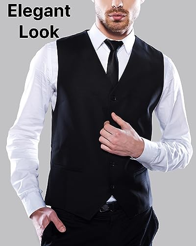 boxed-gifts UMO Lorenzo Men Formal Suit Vest, Polly Twill Vest with Adjustable Waistband. Black, Medium